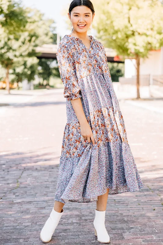 Midi Dresses with Side Flare -Keep Coming Back Blue Mixed Print Midi Dress