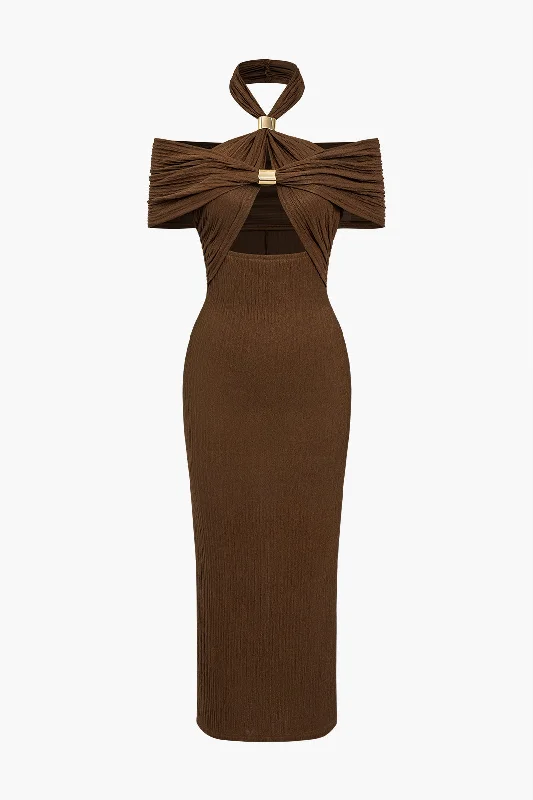 Midi Dresses with High Slit -Textured Ruched Slit Midi Dress