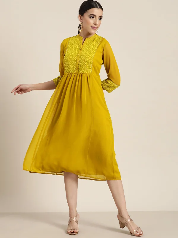 Midi Dresses for Small Chill -Juniper Mustard Georgette Lacy Midi Dress With Yoke Embroidery & Show Buttons