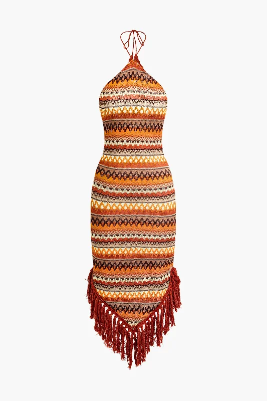 Midi Dresses in Soft Velvet -Fringe and Colorful Pattern Bohemian Halter Midi Dress