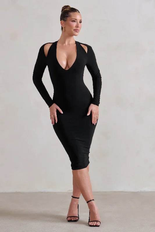 Midi Dresses in Stretch Fabric -Get Serious | Black Cut Out Detail Backless Midi Dress