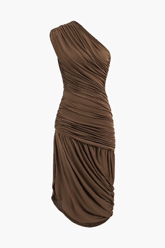 Midi Dresses for Chill Parties -Asymmetrical Sleeveless Ruched Midi Dress