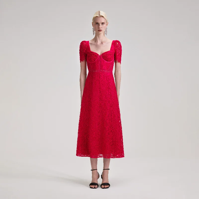 Midi Dresses for Short Trips -Red Lace Classic Midi Dress