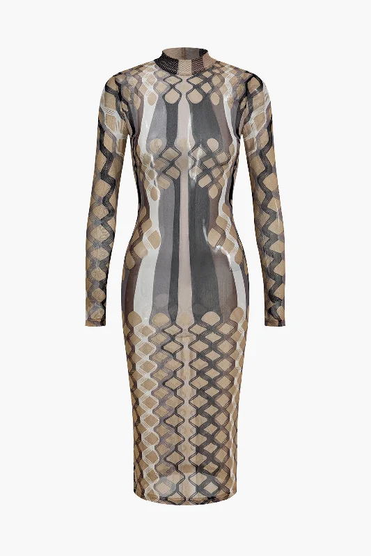 Midi Dresses for Baby Showers -Geometric Print Sheer Mesh Long Sleeve Midi Dress