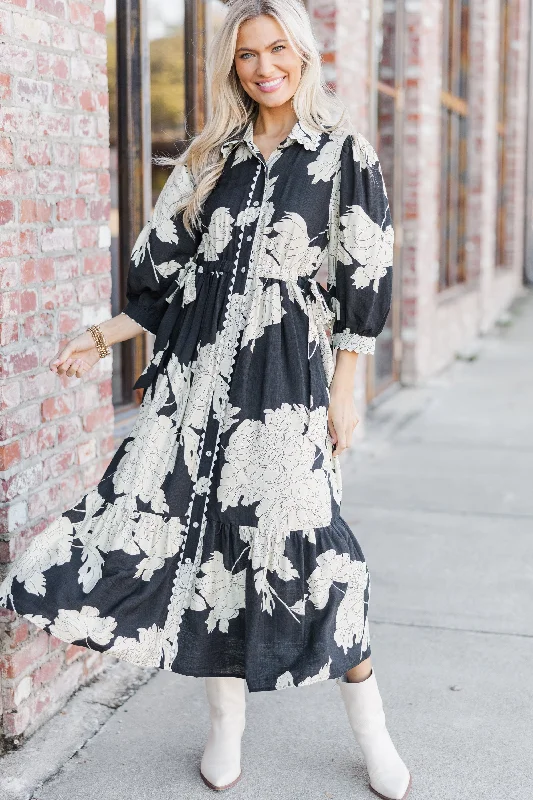 Midi Dresses with Swing Edge -Come Together Black Floral Midi Dress