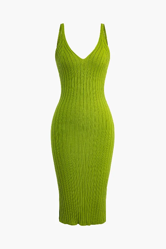 Midi Dresses for Pool Parties -Sleeveless V-Neck Knit Midi Dress