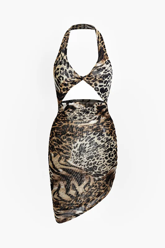 Midi Dresses for Music Festivals -Leopard Print Twist Halter Backless Midi Dress