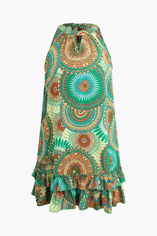 Midi Dresses in Warm Hues -Plus Size Bohemian Print Ruffled Midi Dress