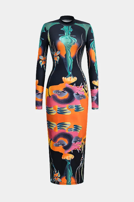 Midi Dresses in Earth Tones -Abstract Print Long Sleeve Bodycon Midi Dress