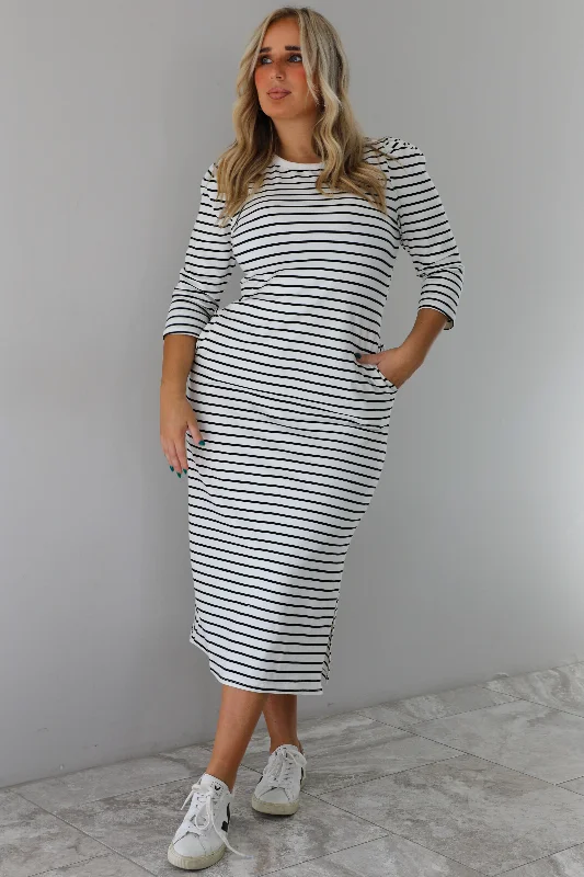 Midi Dresses with Swing Back -Simple Striped Midi Dress: White/Black