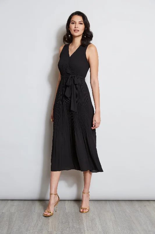 Midi Dresses with Smocked Waist -T-Tahari Pleated Faux Wrap Midi Dress