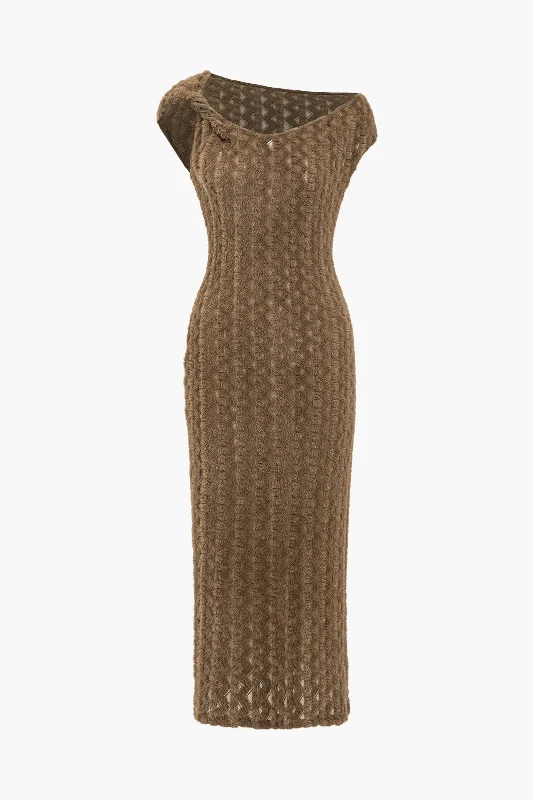 Midi Dresses for Summer Dates -Solid Textured Asymmetrical Twist Knot Midi Dress