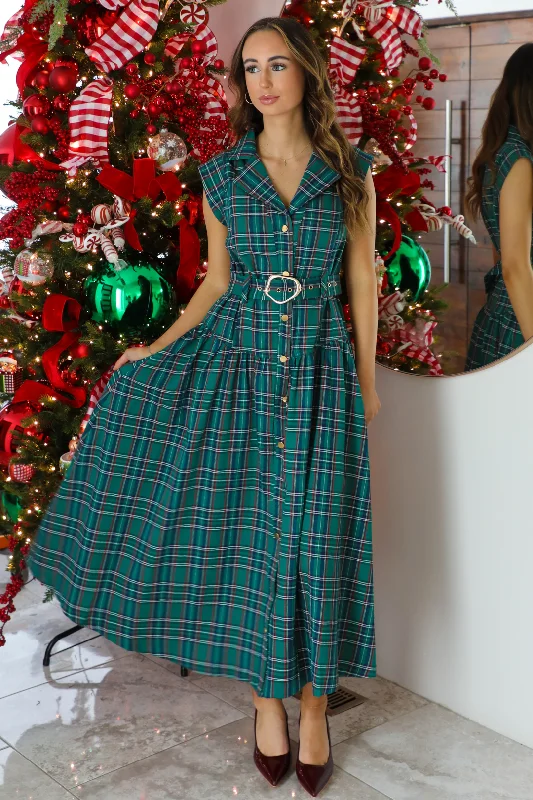 Midi Dresses with Ruffled Front -Mrs. Claus Midi Dress: Green/Plaid