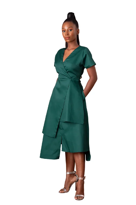 Midi Dresses with Swing Skirt -MOT Tola Faux Wrap Asymmetrical Dress