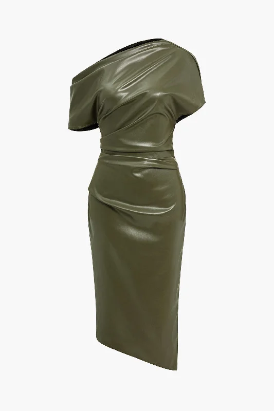 Midi Dresses for Family Gatherings -Asymmetrical Shoulder Faux Leather Bodycon Dress