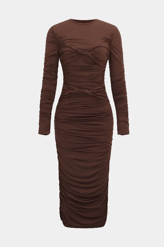 Midi Dresses in Flowy Fabric -Ruched Round Neck Long-Sleeve Midi Dress