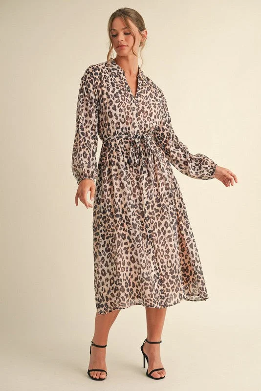 Midi Dresses with Side Flare -Leopard Chiffon Midi Dress