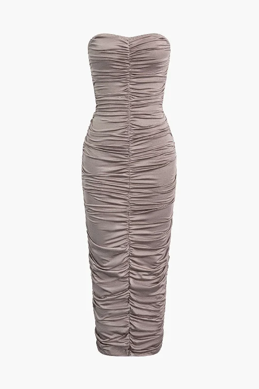 Midi Dresses for Lunch Events -Solid Ruched Strapless Midi Dress