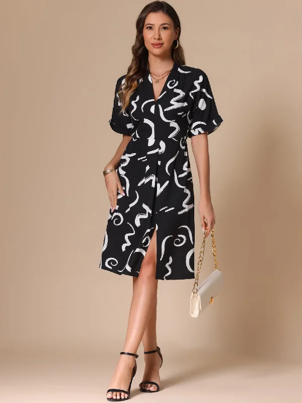 Midi Dresses in Light Cotton -Short Sleeve V Neck High Waist Graphic Midi Slit Dress