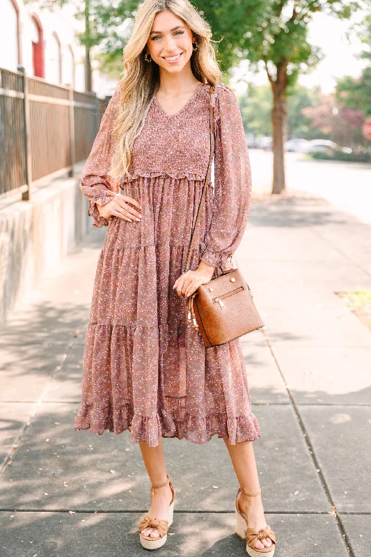 Midi Dresses with Mesh Front -Out In The World Rust Red Ditsy Floral Midi Dress