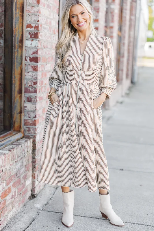 Midi Dresses for Small Dates -How You Love Brown Striped Midi Dress