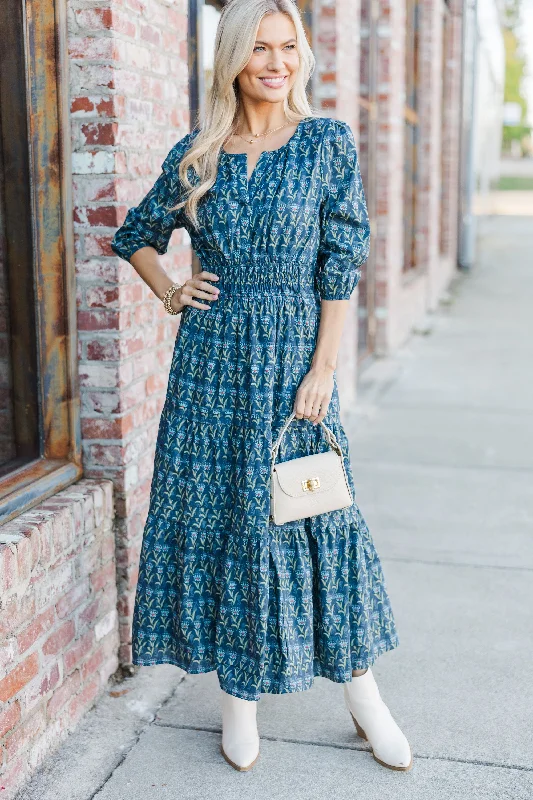 Midi Dresses with Ruffled Edge -It's In The Air Navy Medallion 3/4 Sleeve Midi Dress