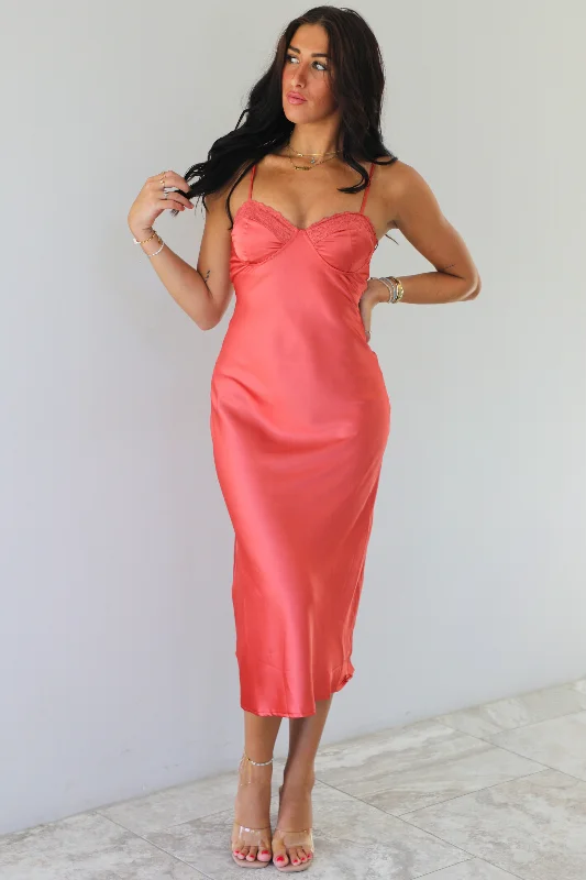 Elegant Midi Dresses for Weddings -RESTOCK: Living On Love Midi Dress: Rust