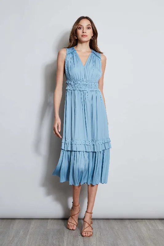 Midi Dresses with Embroidered Details -T-Tahari Smocked Sleeveless Midi Dress