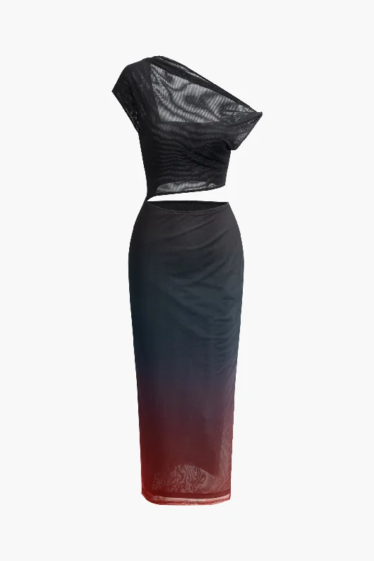 Midi Dresses for Wine Tastings -Ombre Cut Out Asymmetrical Mesh Slit Midi Dress