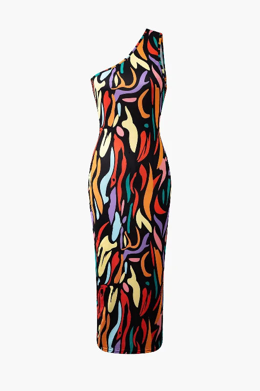 Midi Dresses for Art Events -Abstract Print One Shoulder Cut Out Midi Dress