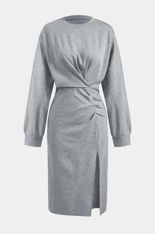 Midi Dresses for Team Parties -Ruched Slit Round Neck Long Sleeve Midi Dress