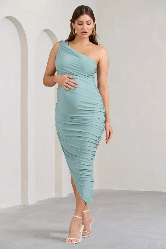 Midi Dresses for Night Brunches -Late Night | Mint Green Maternity Ruched One Shoulder Midi Dress