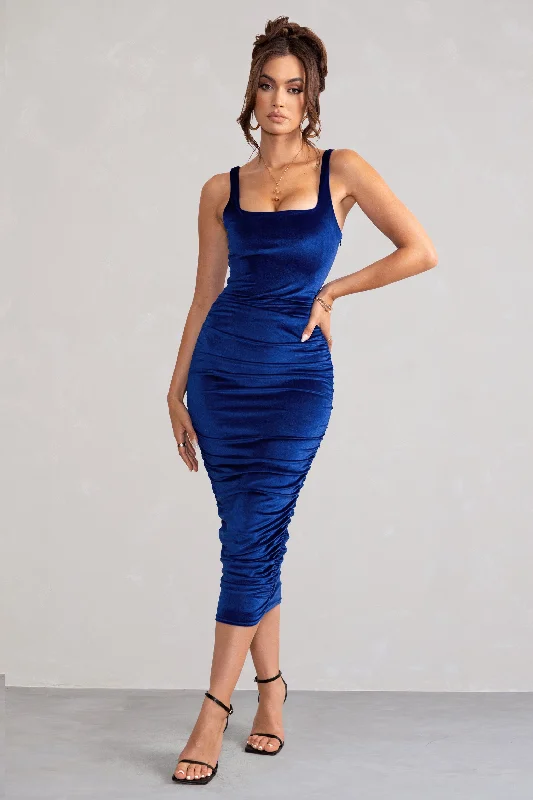 Midi Dresses in Soft Chiffon -Beauty | Royal Blue Velvet Square Neck Bodycon Midi Dress