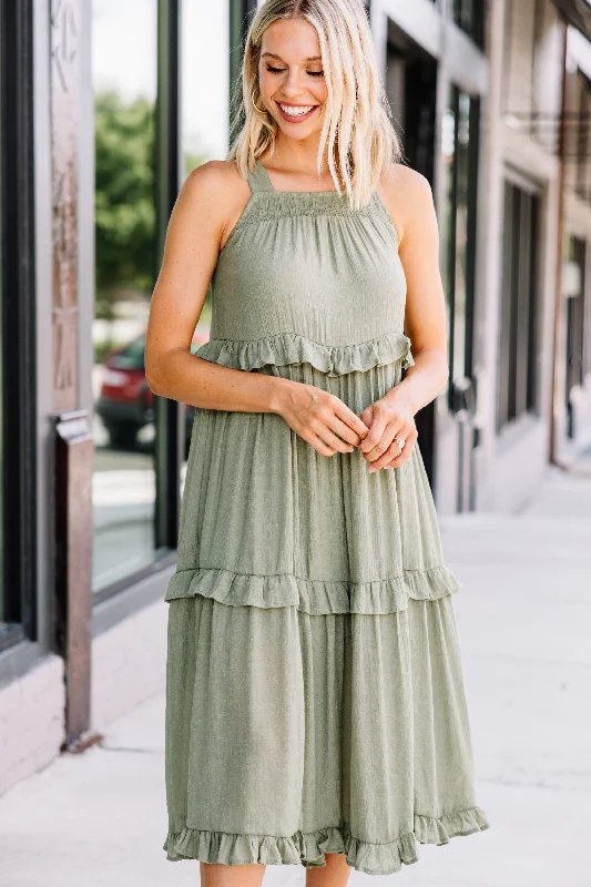 Midi Dresses for Roof Dates -Celebrate Yourself Olive Green Ruffled Midi Dress