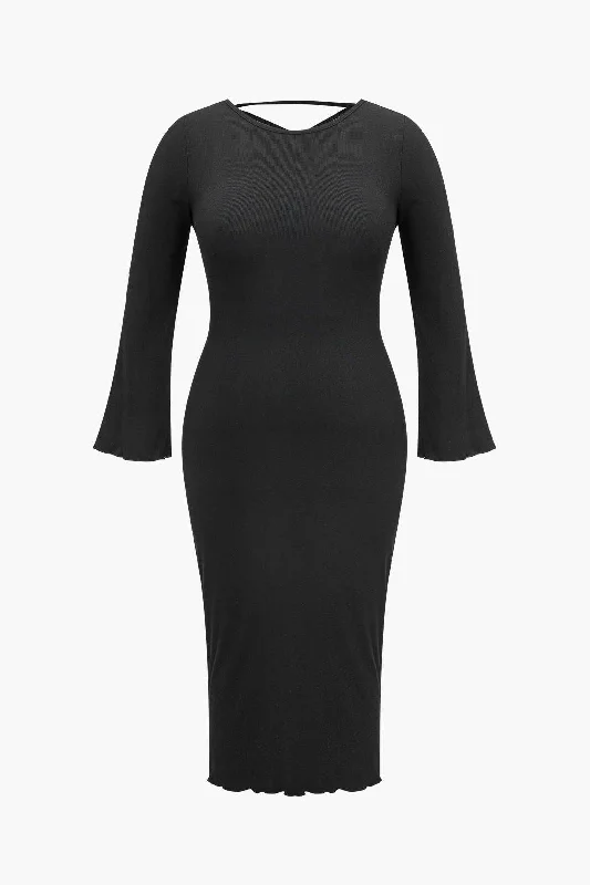 Midi Dresses in Crushed Velvet -Plus Size Solid Knit Backless Tie Back Midi Dress