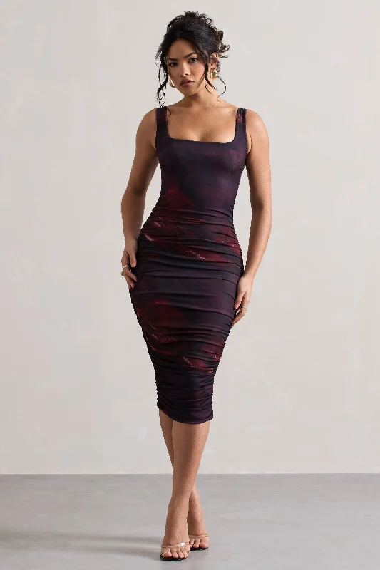 Midi Dresses for Sunset Parties -Lisbon | Plum Print Square Neck Ruched Midi Dress