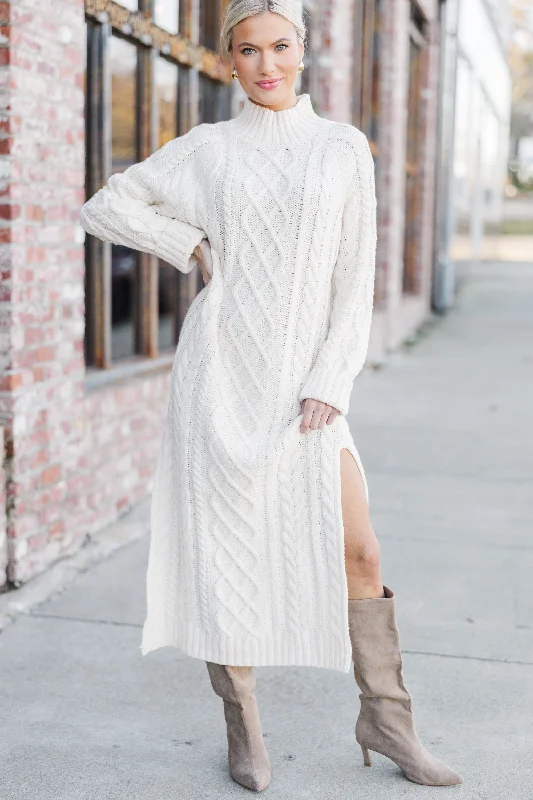 Midi Dresses with Pleated Back -Let It All Go Cream Sweater Midi Dress