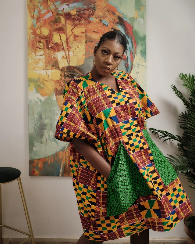 Midi Dresses in Wild Prints -Afua Multicolour Kente Dashiki Dress