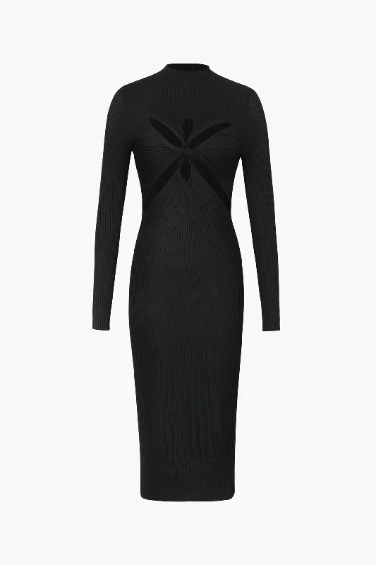 Midi Dresses in Soft Cotton -Long Sleeve Cut Out Front Twist Rib Knit Midi Dress