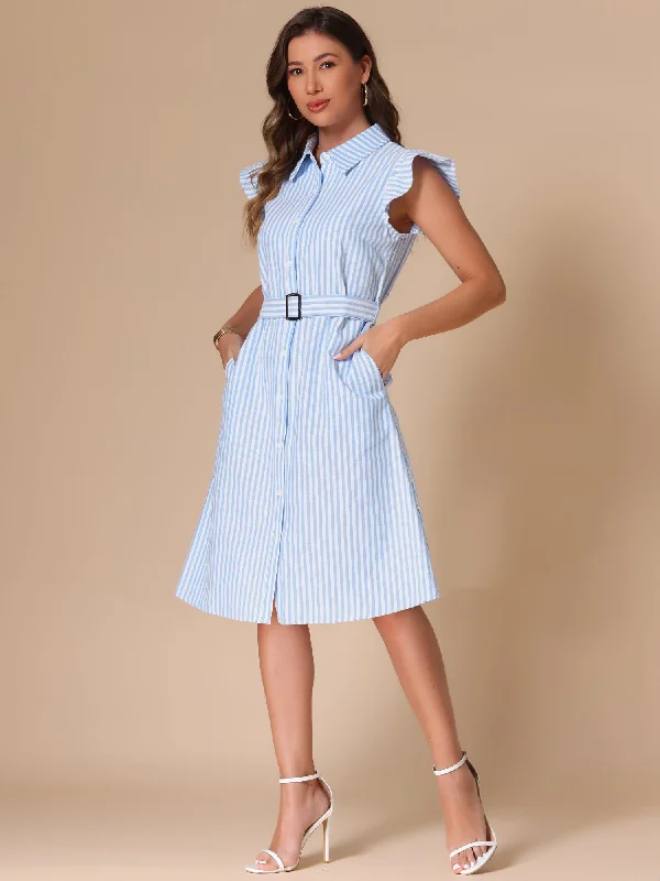 Midi Dresses in Warm Tones -Striped Collar Ruffled Sleeve Belted Midi Shirt Dress