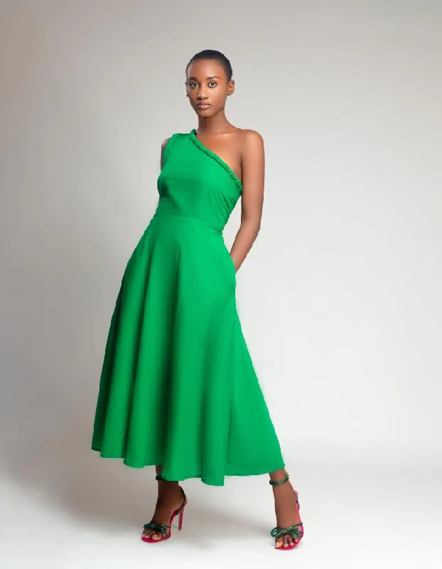 Midi Dresses in Woven Fabric -NAIA One shoulder fit and flare midi length Layla Dress