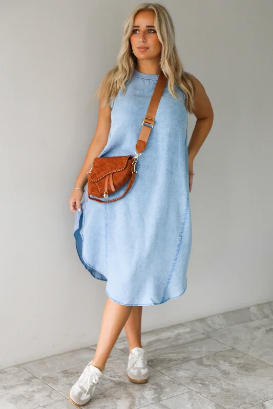 Chiffon Midi Dresses -Keeping Tabs Midi Dress: Light Denim