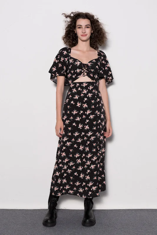 Midi Dresses with Balloon Sleeves -Floral Tie Front Midi Dress