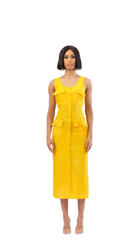 Midi Dresses for Brunch Dates -Joy Sleeveless Linen Dress - Yellow