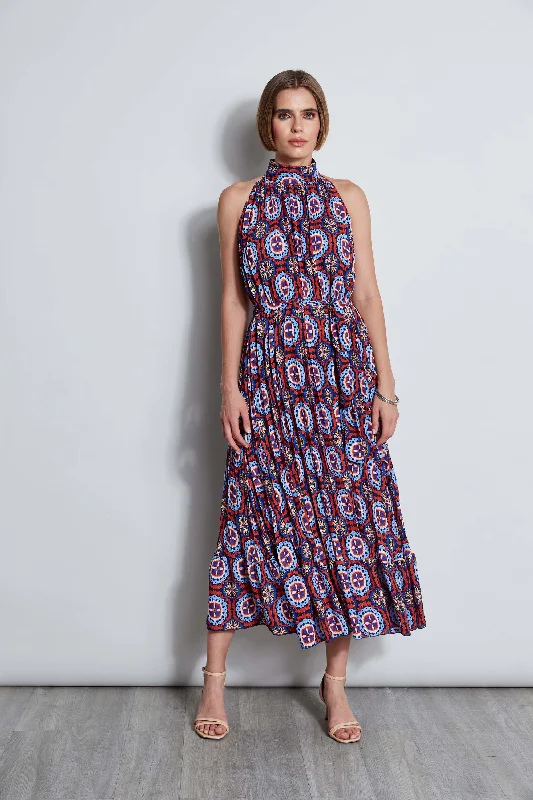 Midi Dresses with Deep V-Neck -T-Tahari Pleated Print Halter Midi Dress