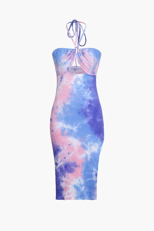 Midi Dresses for Sunset Parties -Blue Tie Dye Halter Neck Midi Dress