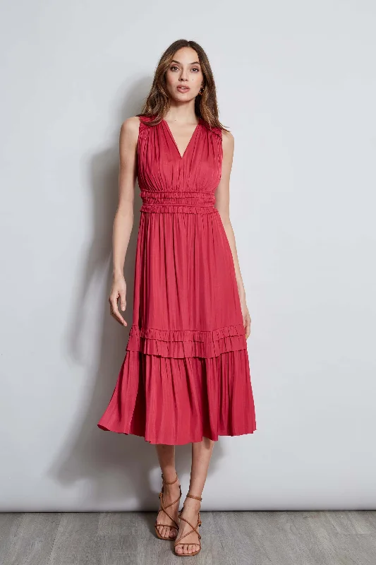 Midi Dresses with Polka Dots -T-Tahari Smocked Sleeveless Midi Dress