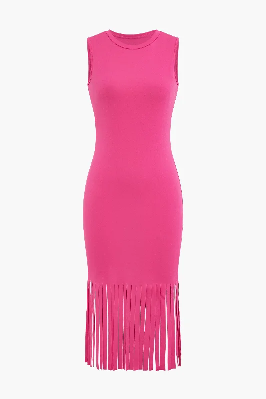 Midi Dresses for Farewell Parties -Fringe Hem Sleeveless Midi Dress