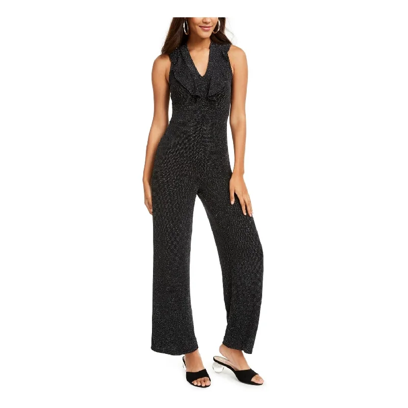 Summer-Picnic Party Dress -Almost Famous Women's Glitter Sleeveless V Neck Wide Leg Cocktail Jumpsuit Black Size Large