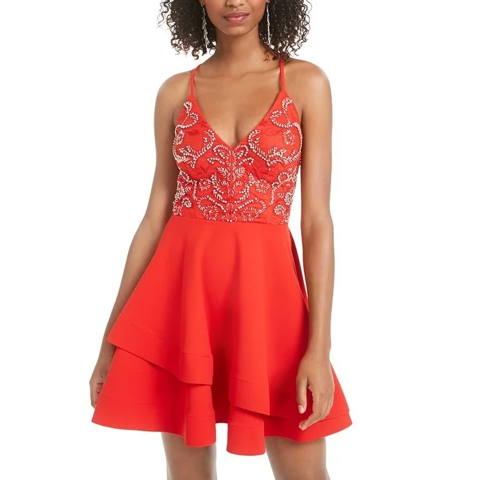 Night-Picnic Party Dress -B. Darlin Women's Beaded Spaghetti Strap V Neck Short a Line Cocktail Dress Red Size 1-2